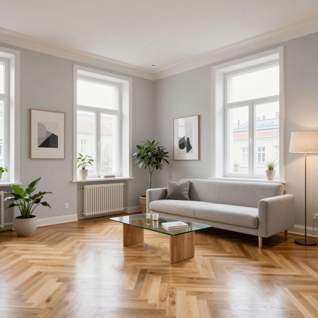 Wohnzimmer mit grauen Wänden, Holzboden und hellgrauem Sofa. Mit Pflanzen, Kunstwerken und Fenstern.