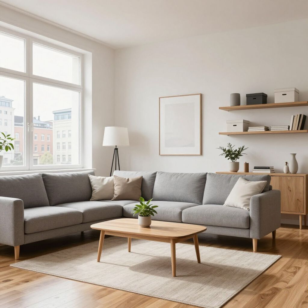 Ein modernes Wohnzimmer mit grauem Ecksofa, Couchtisch aus Holz und großem Fenster.