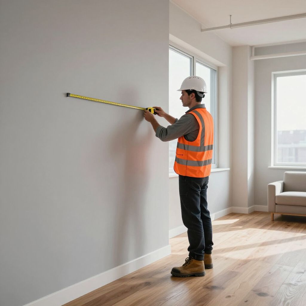 Ein Bauarbeiter vermisst eine Wand in einem Zimmer. Er trägt einen Schutzhelm und eine orangefarbene Warnweste.