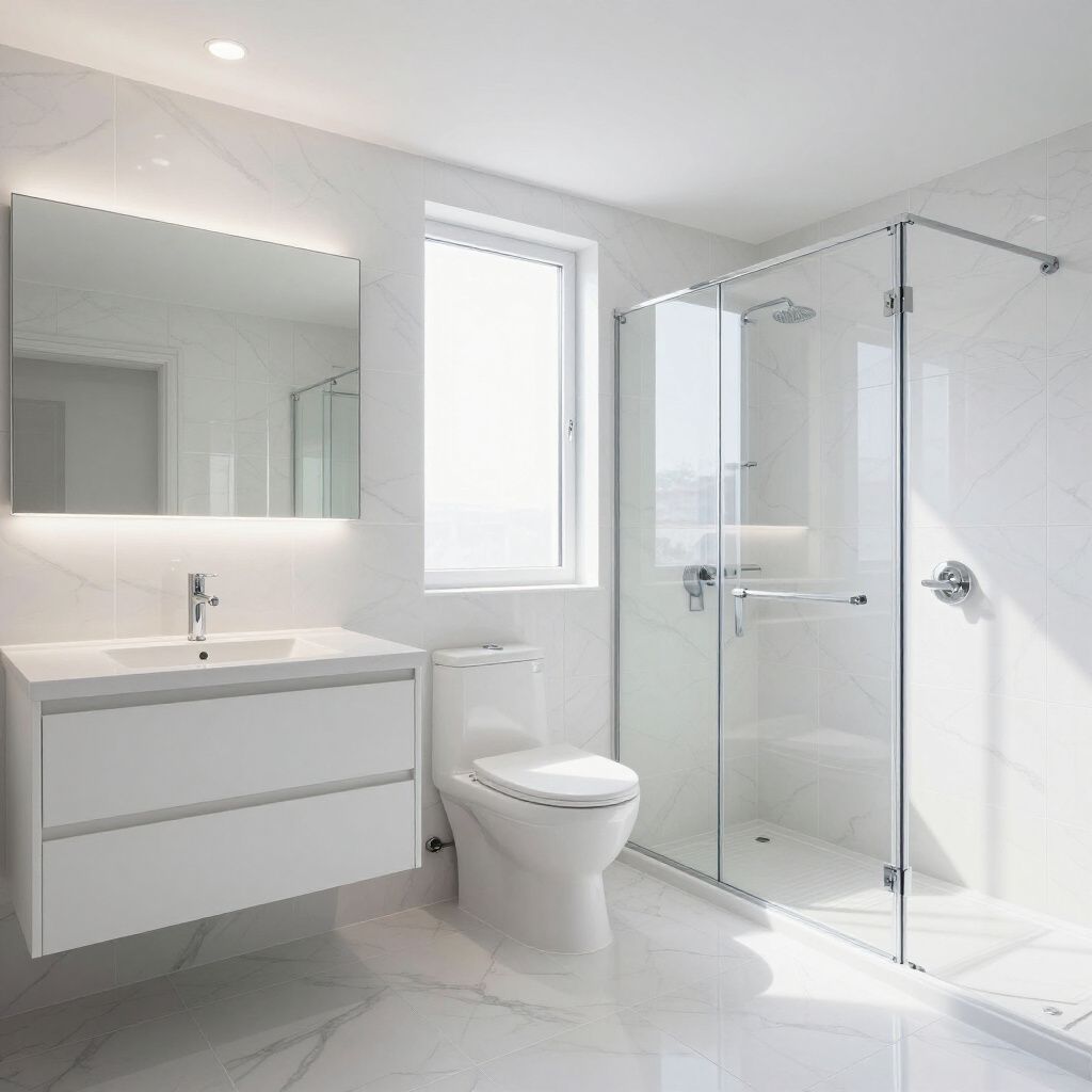 Modernes, komplett weißes Badezimmer mit Glasdusche, Toilette, schwebendem Waschtisch, großem Spiegel und Fenster.