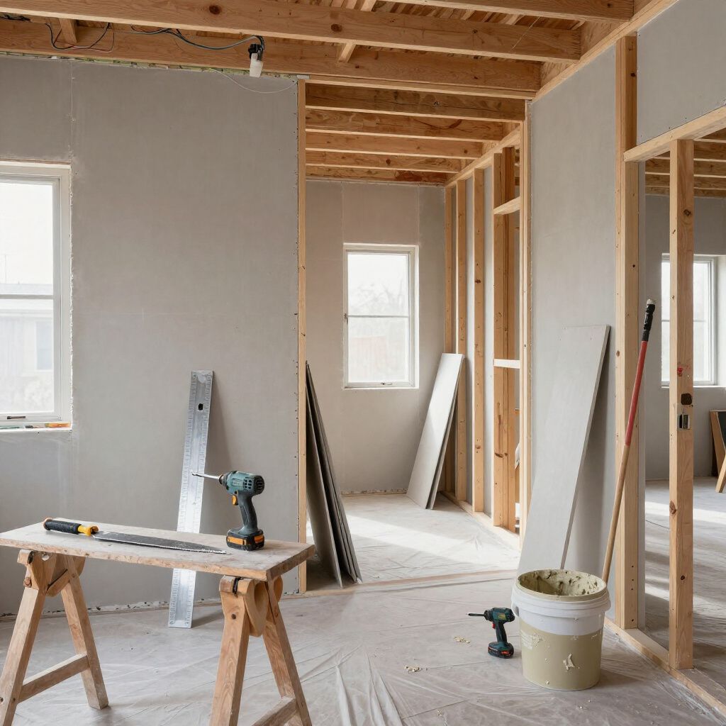 Innenausbau im Gange mit Trockenbauwänden und Werkzeugen.