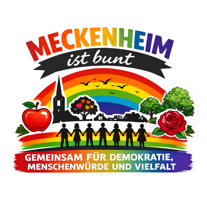 Meckenheim ist bunt: Regenbogen, Kirche, Rosen, Menschen, Apfel und ein Slogan für Demokratie, Menschenwürde und Vielfalt