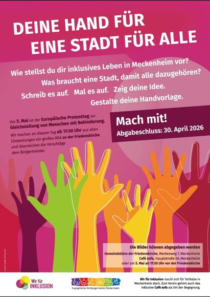 Plakat in Pink mit bunten Händen und dem Text „Deine Hand für eine Stadt für alle – Mach mit!“