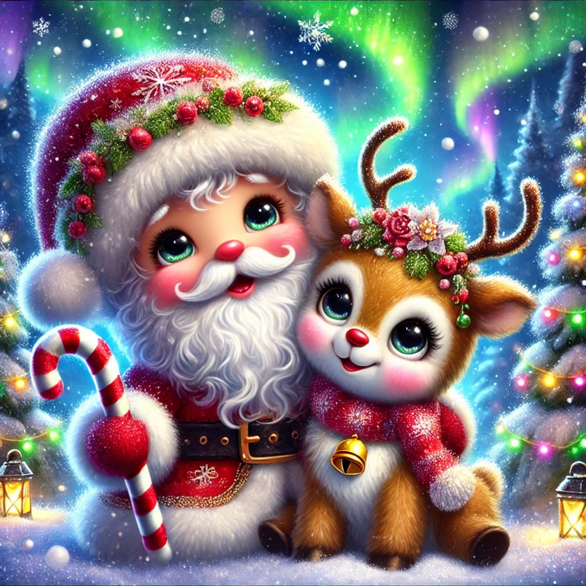 Weiihnachtsmann mit Rentierschlitten am Nordpol, Winterstimmung