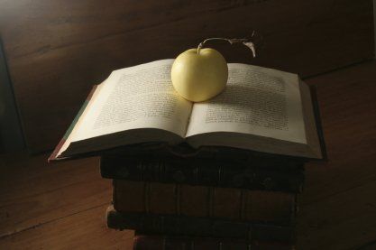 yellow apple on a stack of books, with the top book open