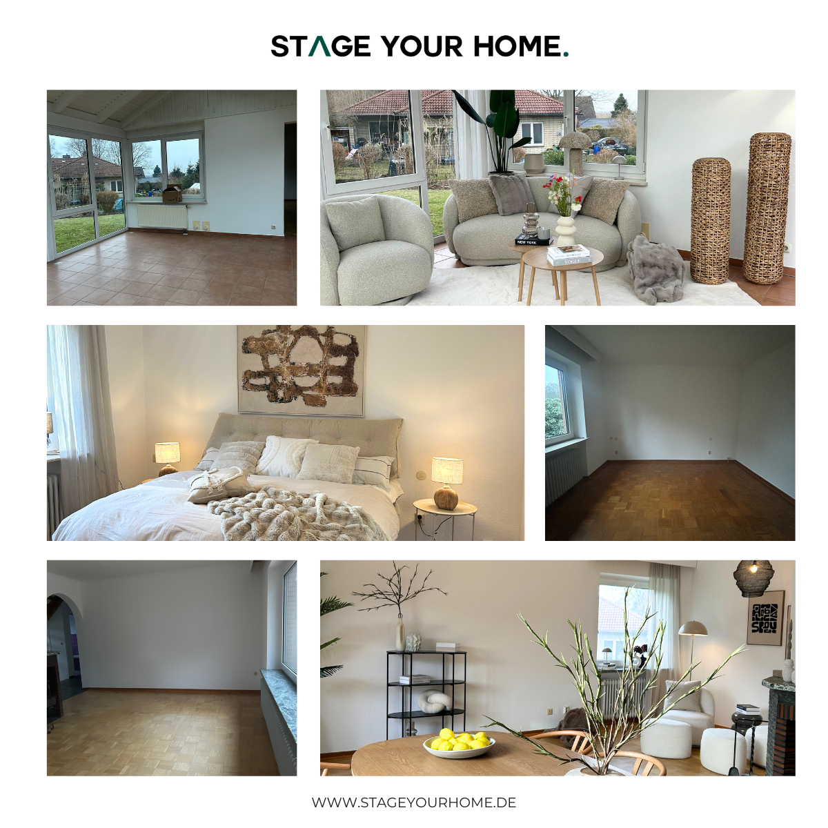 Home Staging in Cuxhaven, vorher nachher vom Schlafzimmer und Wohnzimmer. Modern eingerichtet