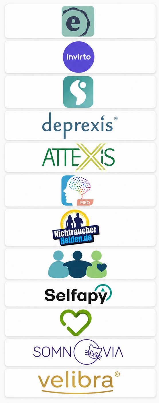 Beispiele für DiGA, die als ergänzende Unterstützung im therapeutischen Prozess eingesetzt werden können.