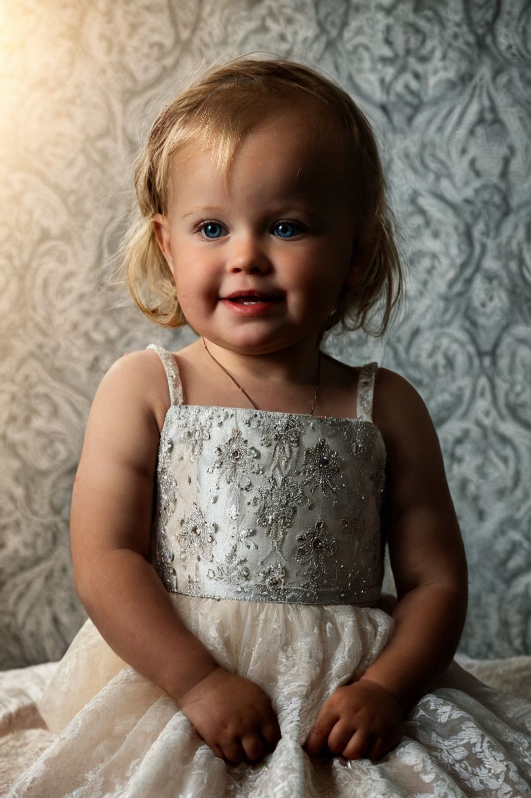 Porträt eines kleinen Mädchens in einem festlichen Kleid, fotografiert im Fotostudio Fotohierzberger.