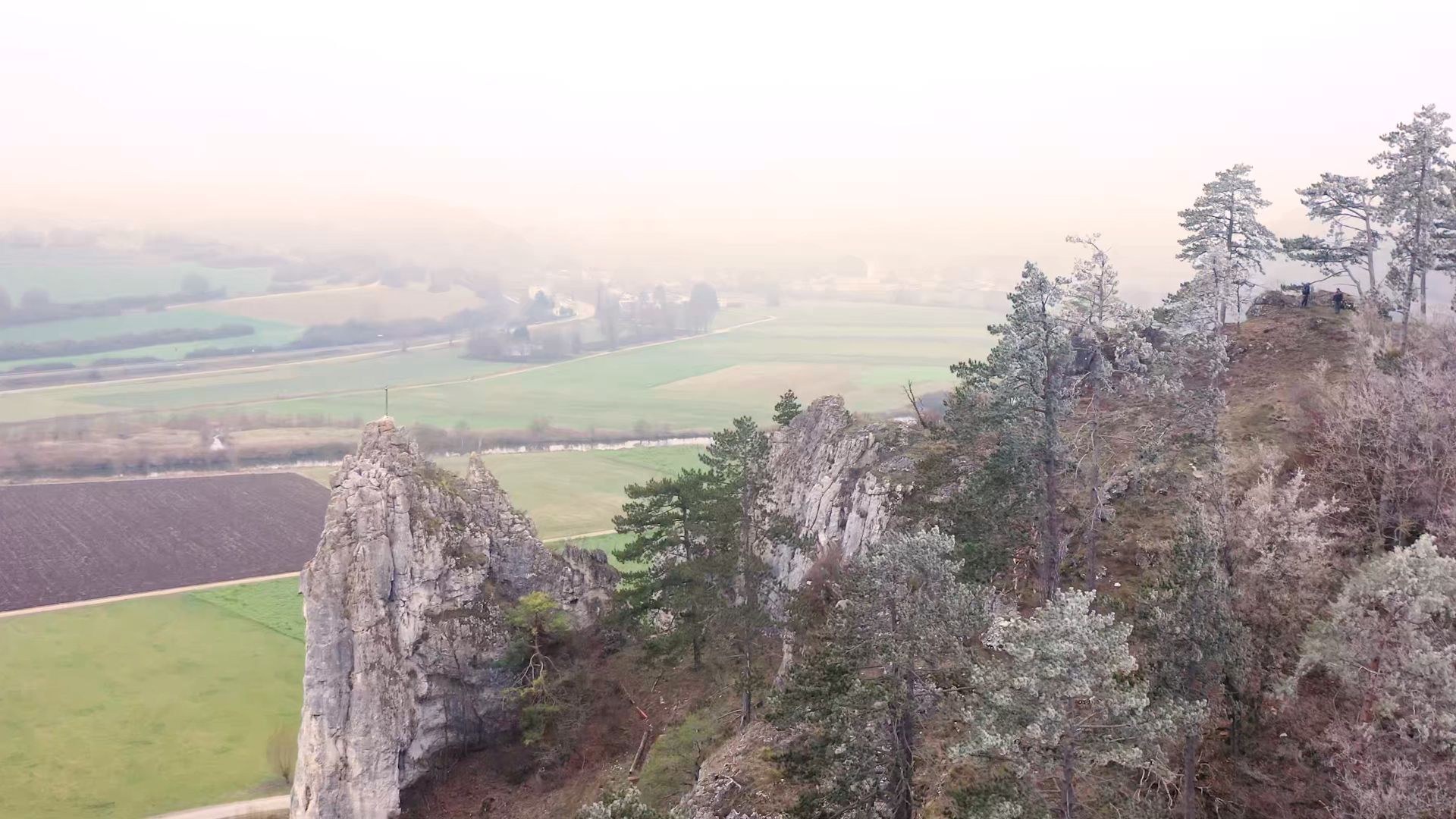 Der Burgsteinfelsen in einer winterlichen Landschaft mit Raureif.