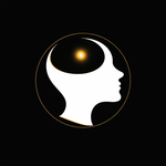 Mind Vision-Logo: Weiße Profilsilhouette in einem goldenen Kreisring mit leuchtendem Licht auf schwarzem Hintergrund