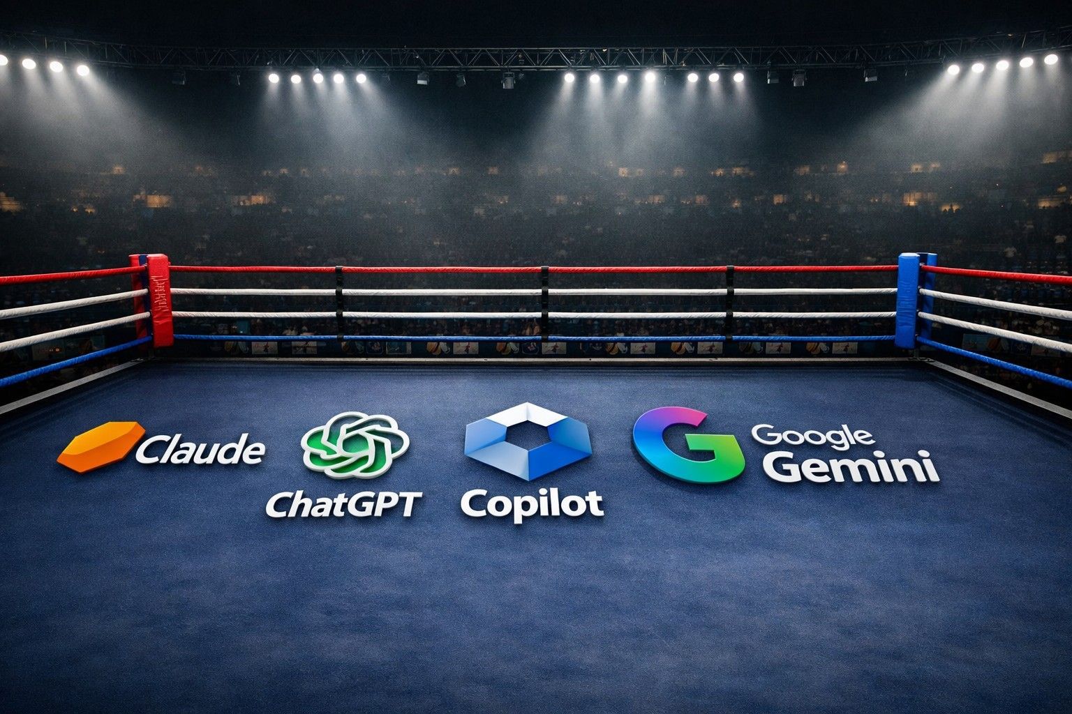 Boxring mit Logos von KI-Sprachmodellen am Boden
