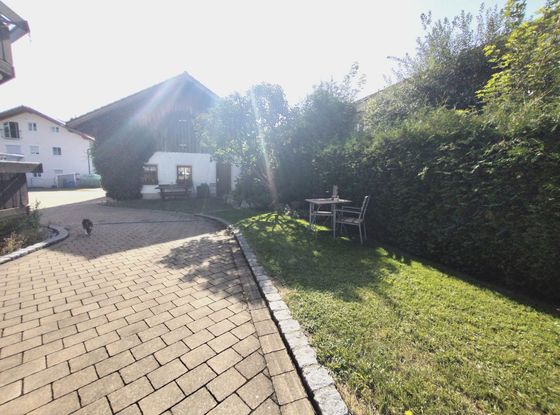 Sonnige Kopfsteinpflasterauffahrt neben einem weißen Haus, mit grüner Hecke, Rasen und Gartentisch mit Stühlen.