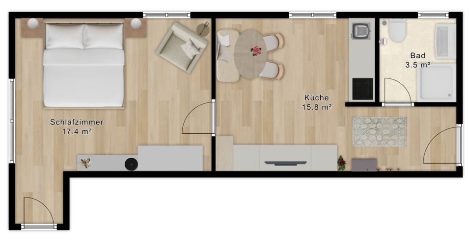 Grundriss einer kleinen Wohnung mit Schlafzimmer, Essbereich, Küche und Badezimmer.