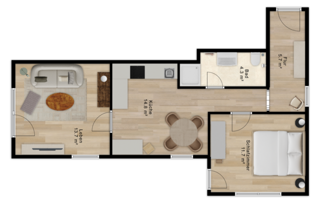 Grundriss einer kompakten Wohnung mit Wohnbereich, Küche, Badezimmer und Schlafzimmer in Beige und Grau.