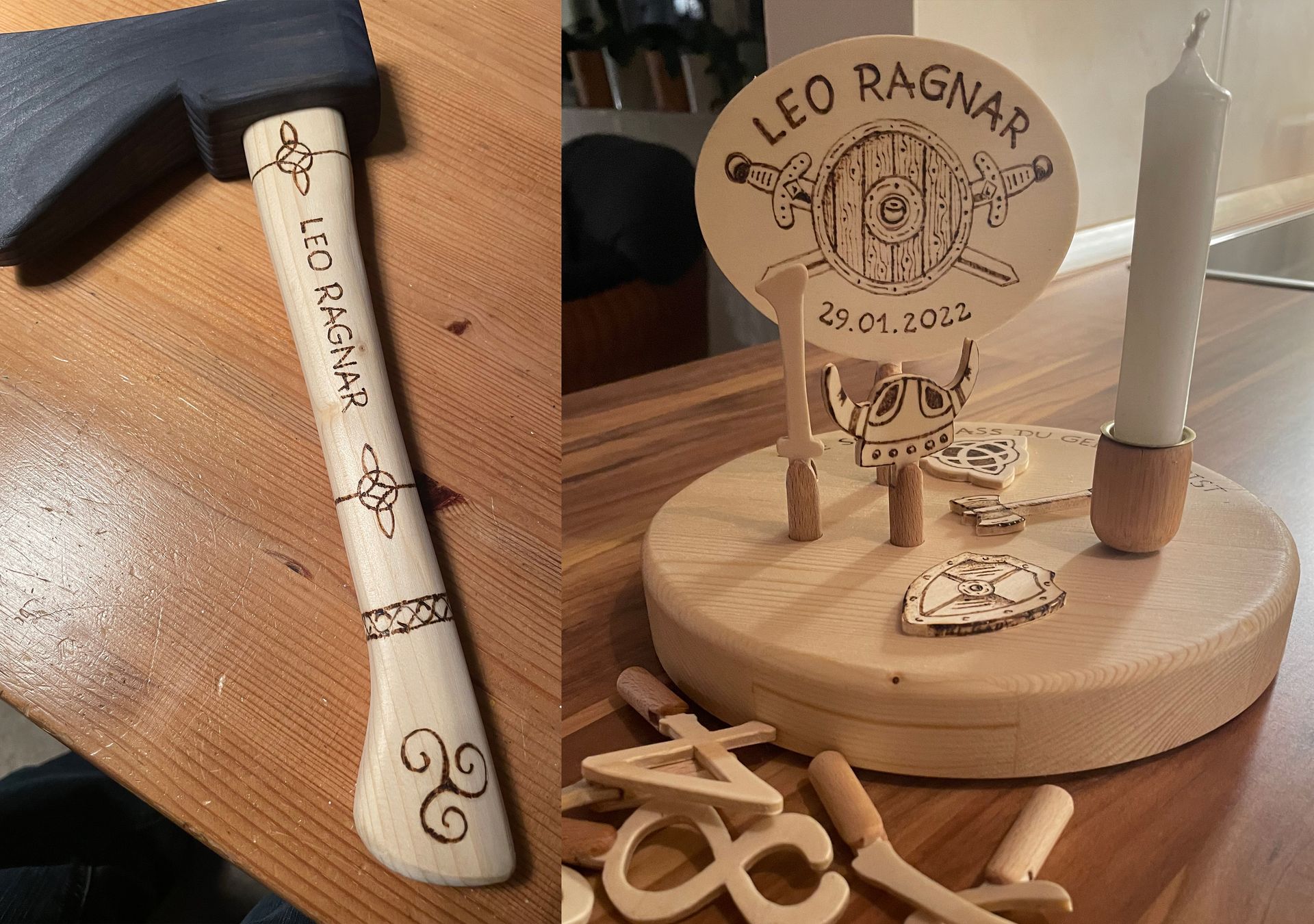 Handgefertigtes, personalisierter Axt und  Kerzenteller aus Holz mit Motiv, Namen, Geburtstagskerzen & Zahlen