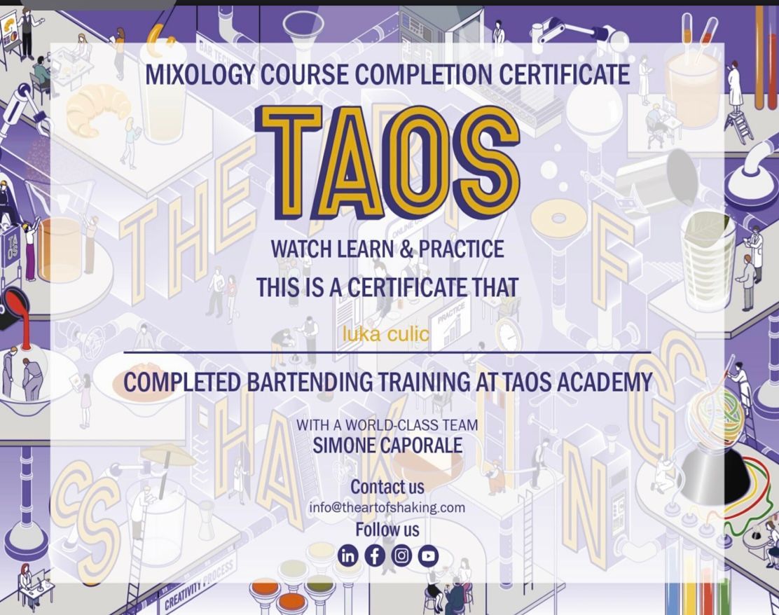 Zertifikat über eine bestehung bei ART OF SHAKING, eines bekannten Bartending training programmes mit Simon Caporale