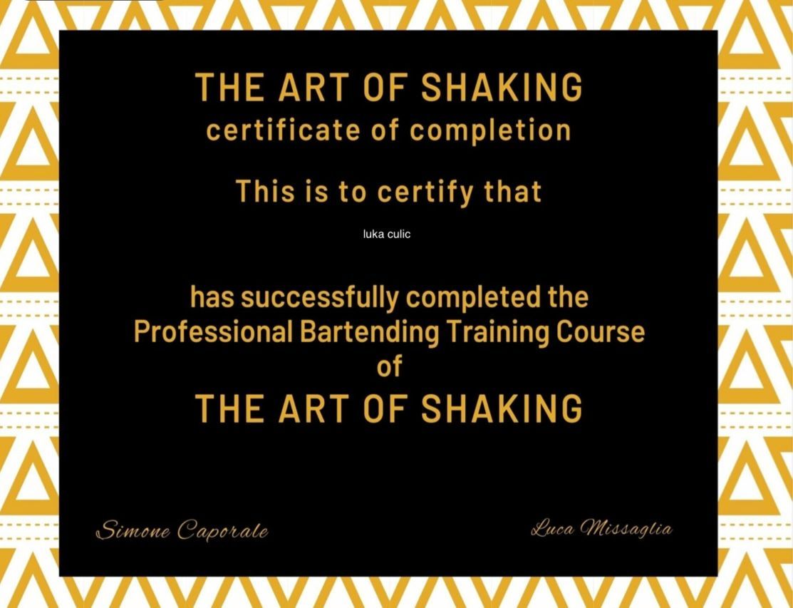 ein Zertifikat über das bestehen eines Professionellem Bartending Training Programmes bei THE ART OF SHAKING
