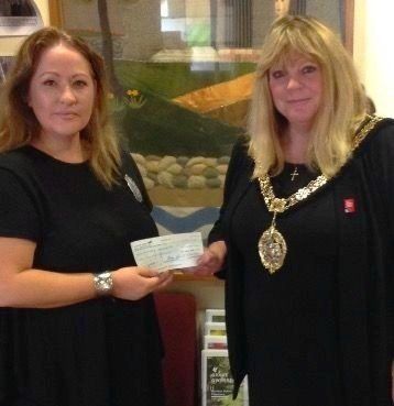 Ceri-Lou receiving a Small Business Grant from Barry Town Council Mayor, Nic Hodges