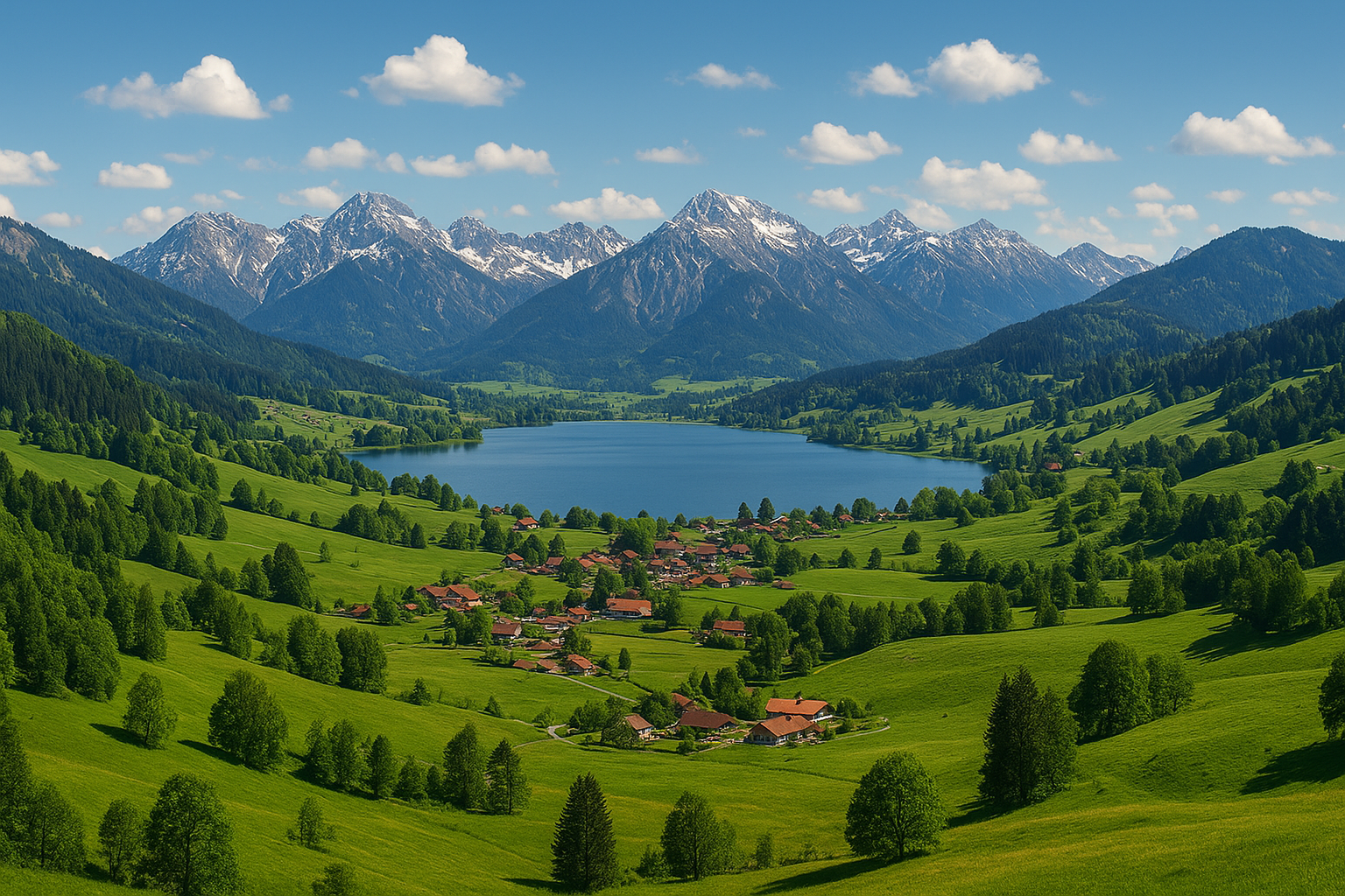 Ein üppig grünes Tal mit See, Dorf und schneebedeckten Bergen unter blauem Himmel mit Wolken.