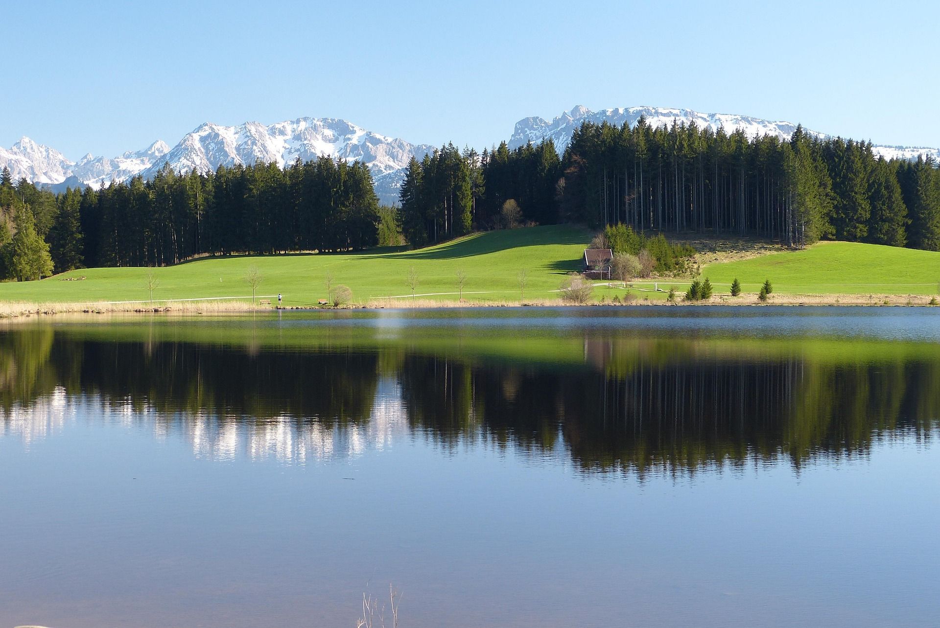 Ruhiger See spiegelt Wald und Berge wider; darüber blauer Himmel.