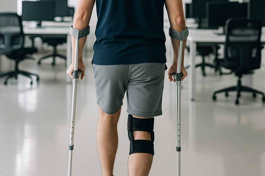 Rückkehr zur Arbeit nach Arbeitsunfall – mit Unterstützung durch gezielte Physiotherapie Person mit Kniebandage und Krücken steht in einem Büro – Symbolbild für die Rückkehr in den Berufsalltag nach Operation oder Verletzung bei Arbeitsunfall durch Berufsgenossenschaft bei be.Physio.