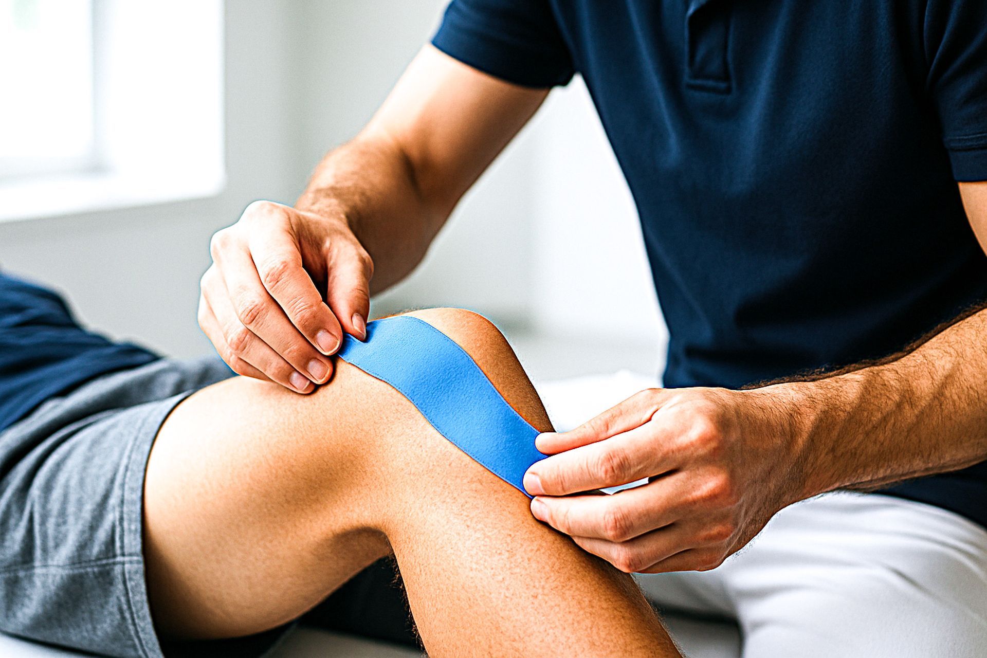 Kinesio-Taping zur Entlastung und Stabilisierung – Therapie bei be.Physio Ottobrunn Physiotherapeut bringt Kinesio-Tape auf ein schmerzhaftes Knie auf – gezielte Entlastung und Unterstützung im Rahmen der physikalischen Therapie bei be.Physio Ottobrunn.