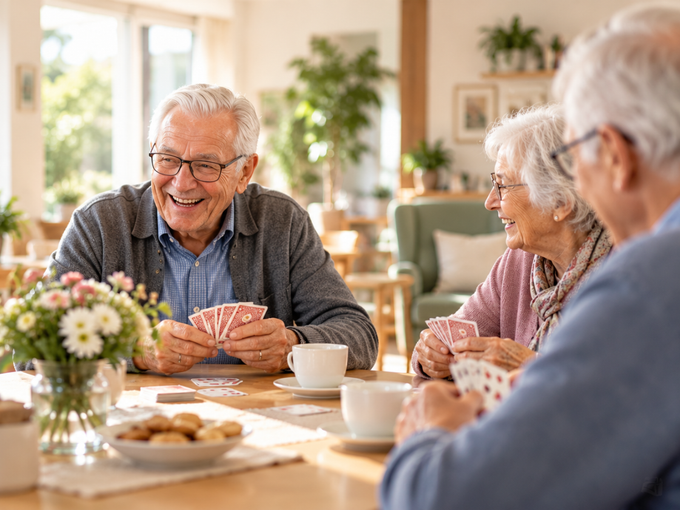 Seniorinnen und Senior beim gemeinsamen Kartenspielen in der Tagespflege
