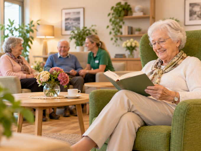 Seniorin beim Lesen in einem gemütlichen Aufenthaltsbereich der Tagespflege