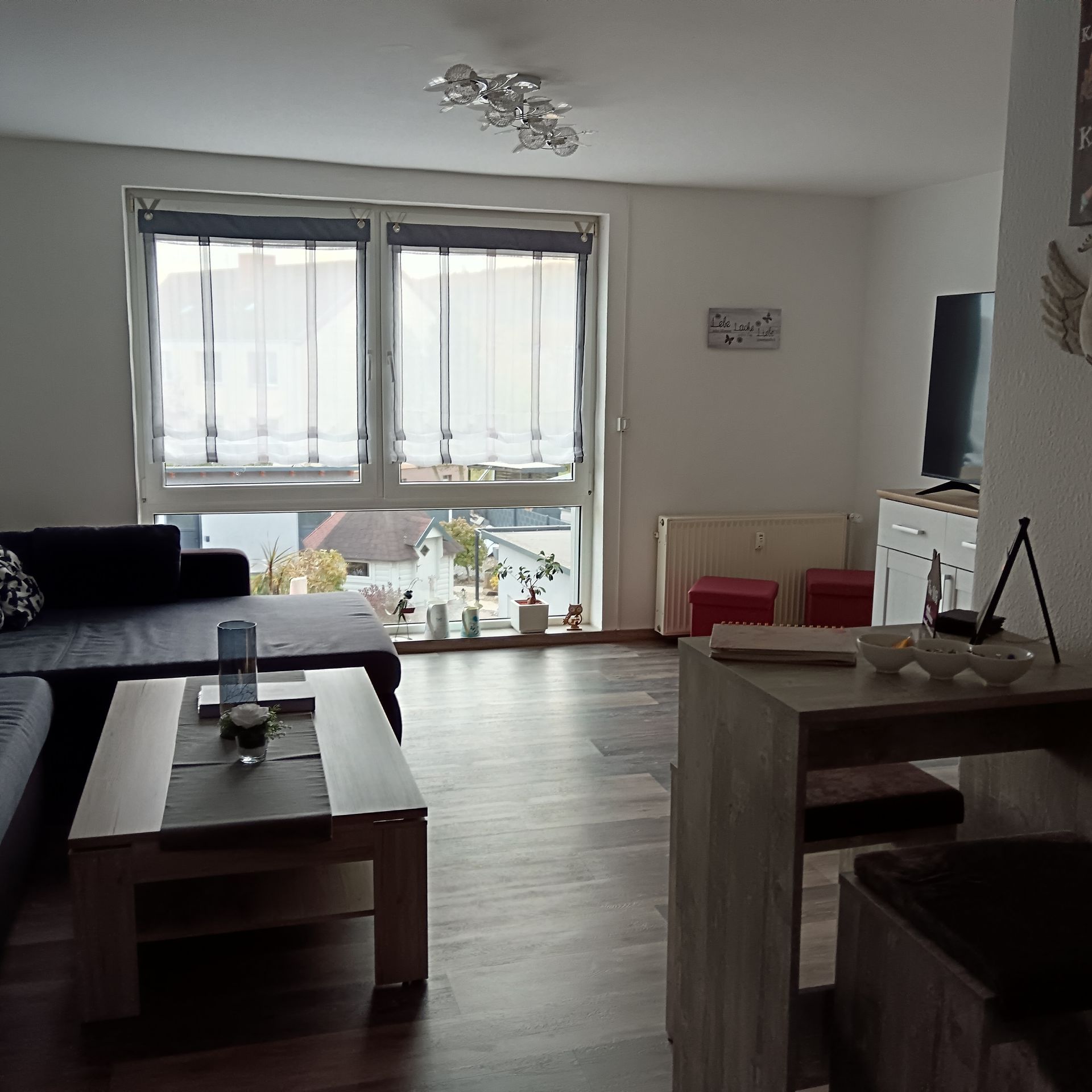 Wohnzimmer mit Sofa, Couchtisch und großem Fenster; Fernseher an der Wand, Holzboden.