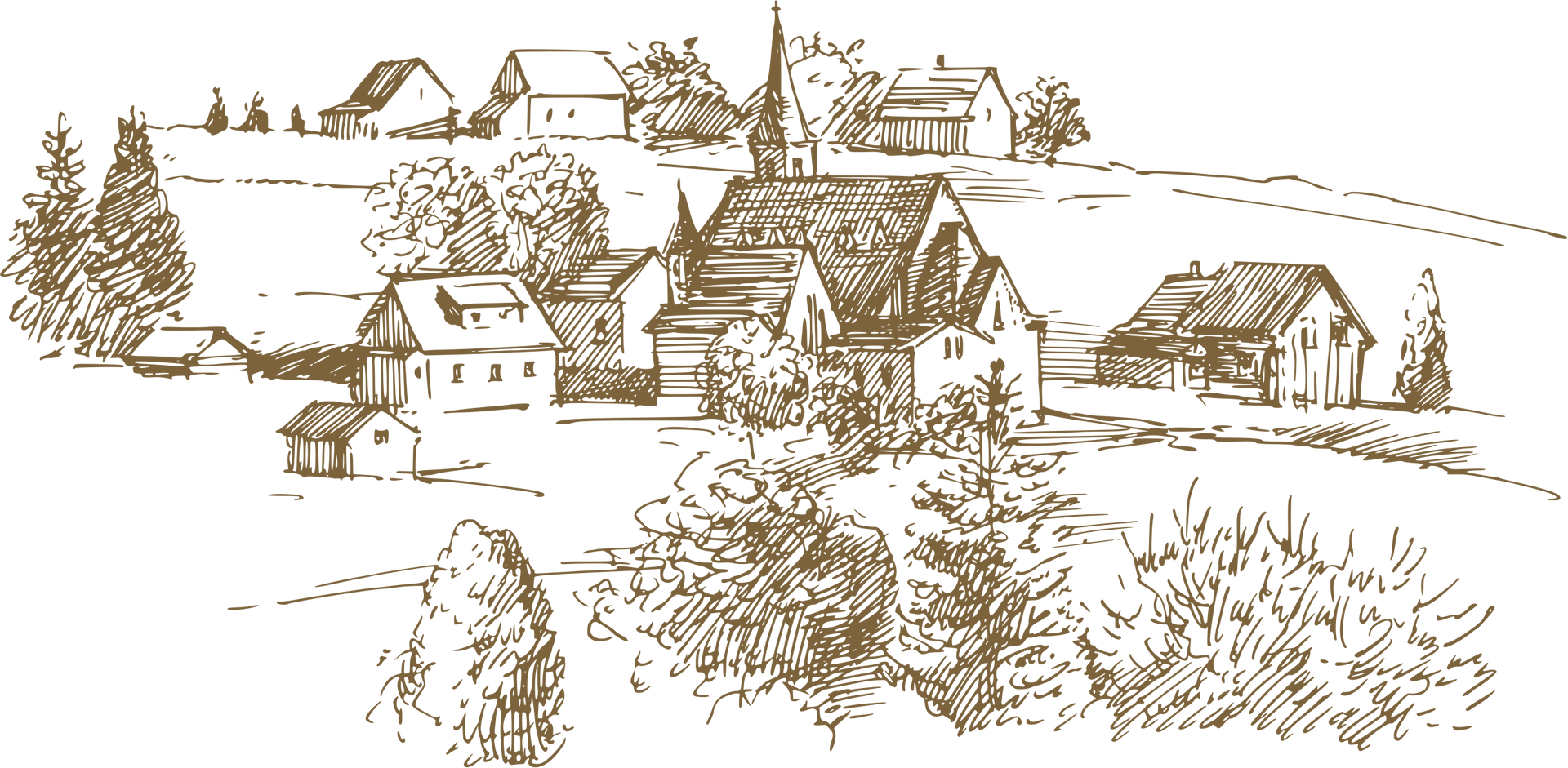 Strichzeichnung eines Dorfes auf einem Hügel mit Gebäuden, Bäumen und einem Kirchturm.