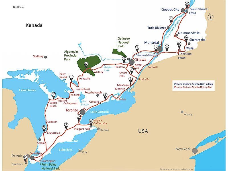 Reise-Mietwagen-Route Ontario und Quebec, Reisefuehrer Kanada Osten, The Sun Always Shines On TV - Reiseroute mit 19 Fahr- und 3 Städte-Etappen durch Ontario und Quebec in Kanada