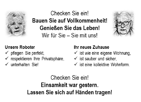 Das Portrait einer Frau und eines Mannes auf einem fiktiven Werbeprospekt.