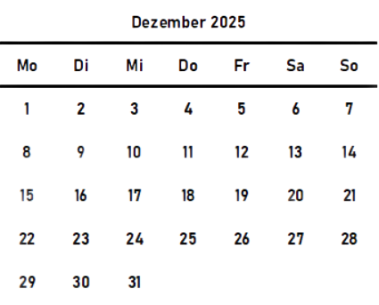 Kalenderblatt Dezember mit Wochentagen