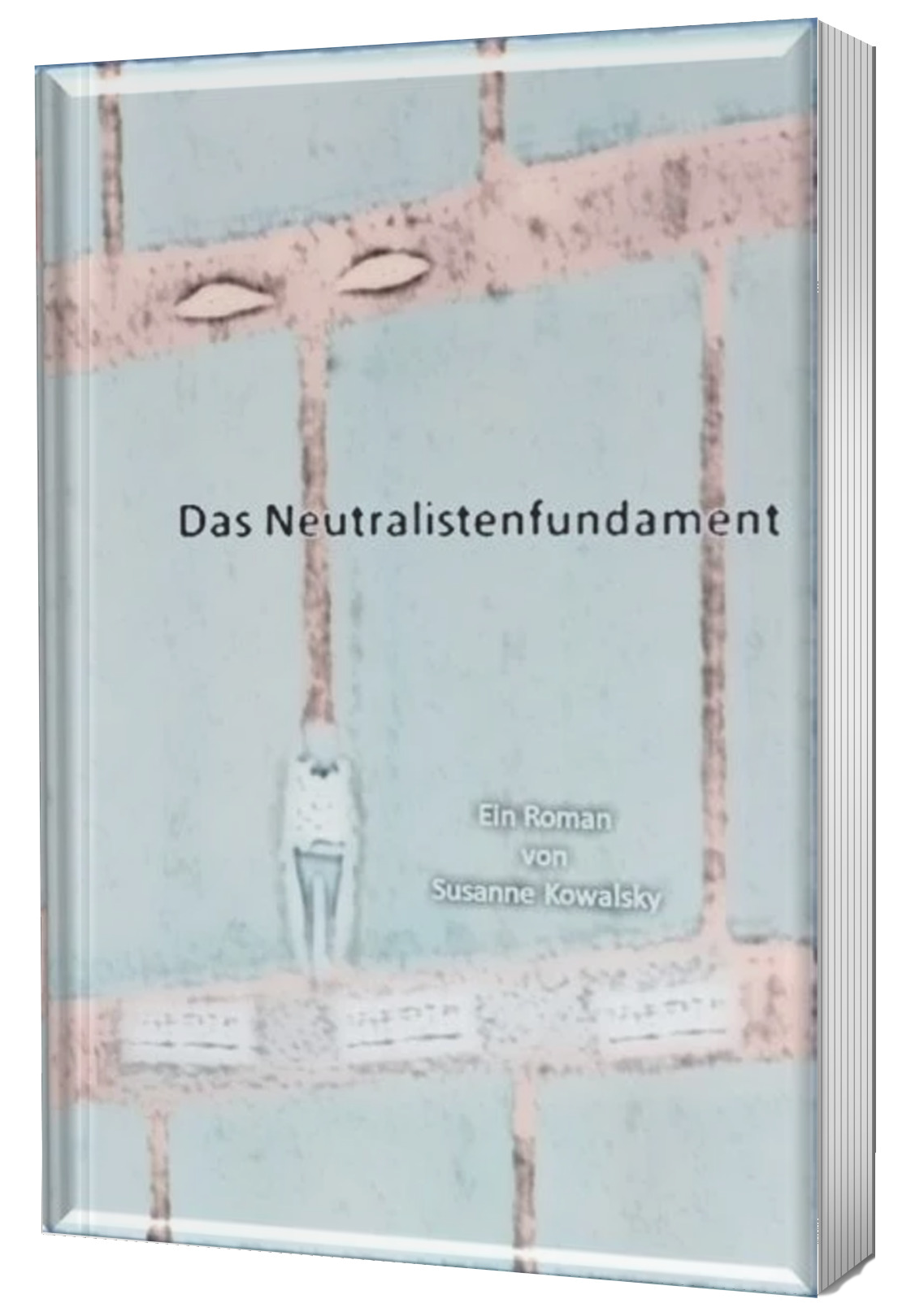 Auf blau-pastellem Hintergrund sind rot-pastelle Längs- und Querstriche, ein Augenpaar und eine Person von hinten.