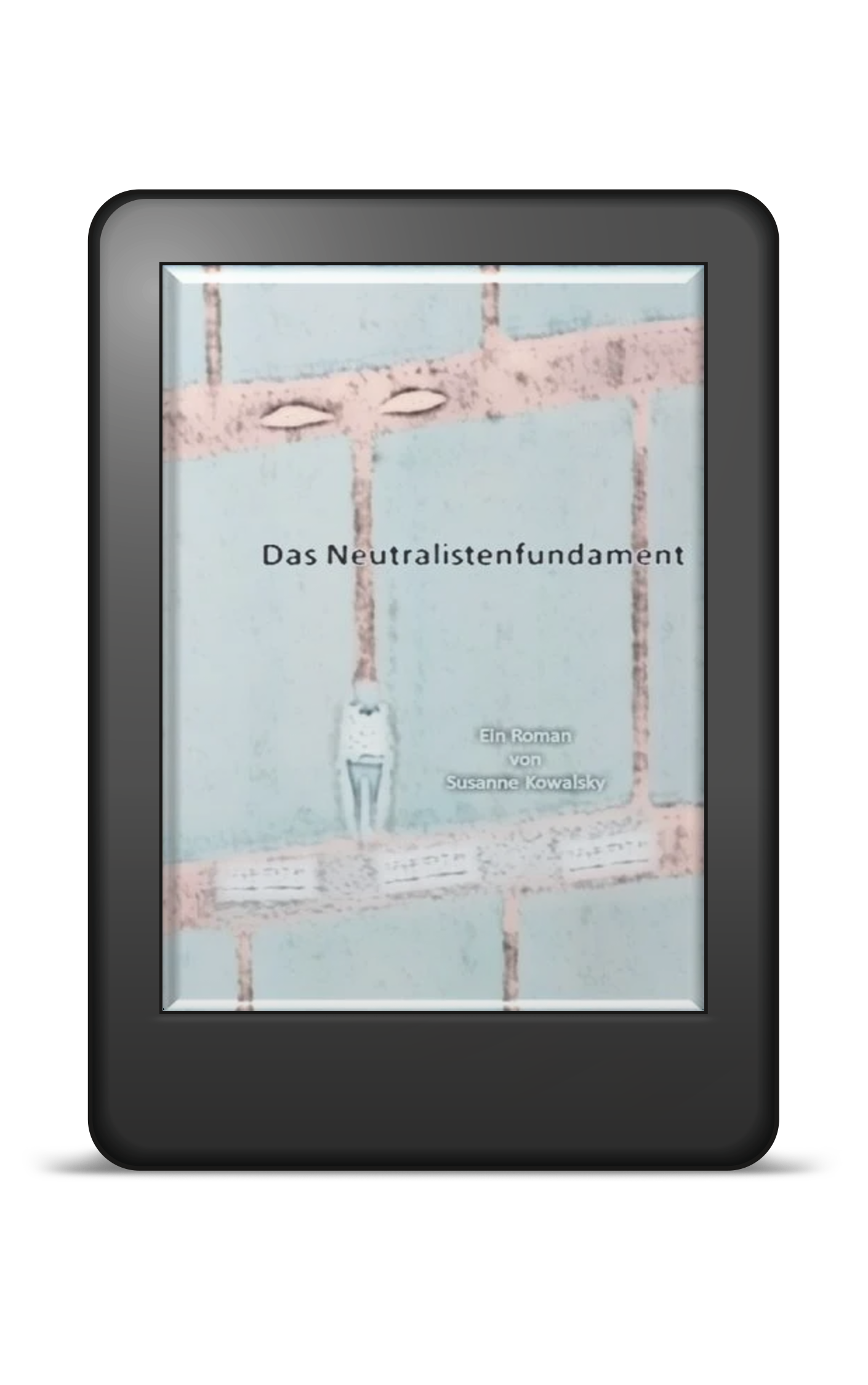 Auf blau-pastellem Hintergrund sind rot-pastelle Längs- und Querstriche, ein Augenpaar und eine Person von hinten.