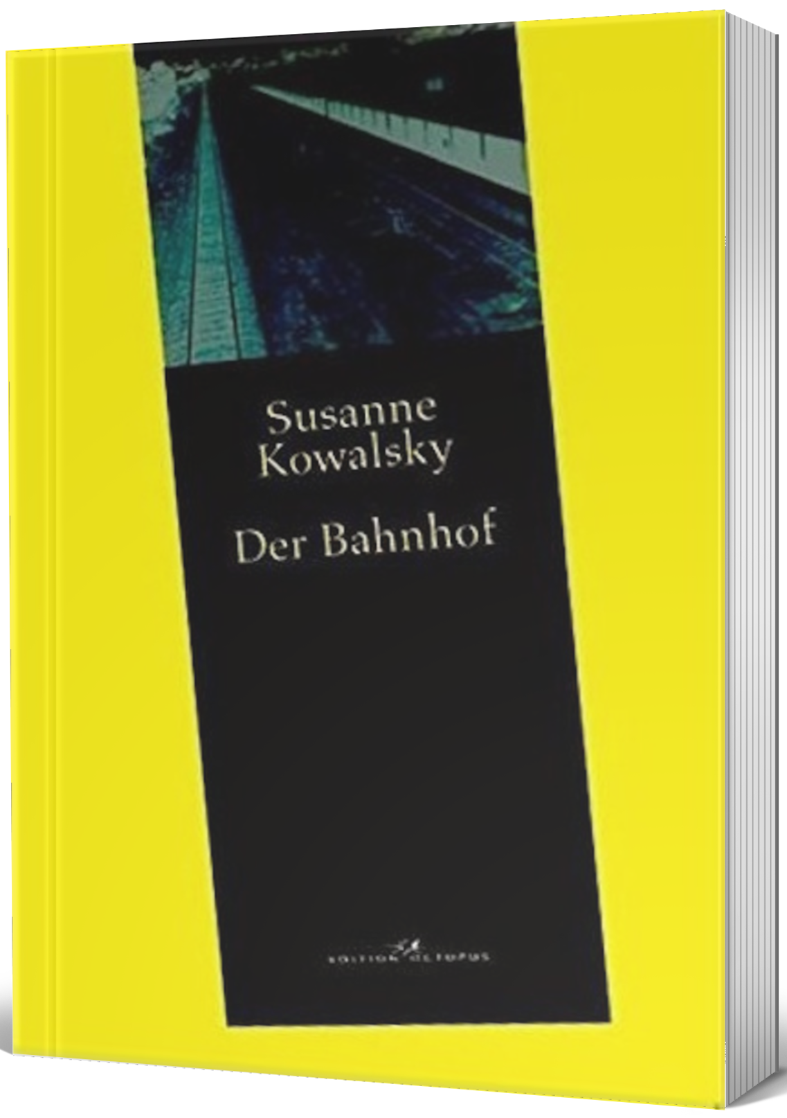 Das Foto eines Bahnhofs (Negativ), darunter Autoren- und Titelname auf schwarzem Untergrund. Der Hintergrund ist gelb.