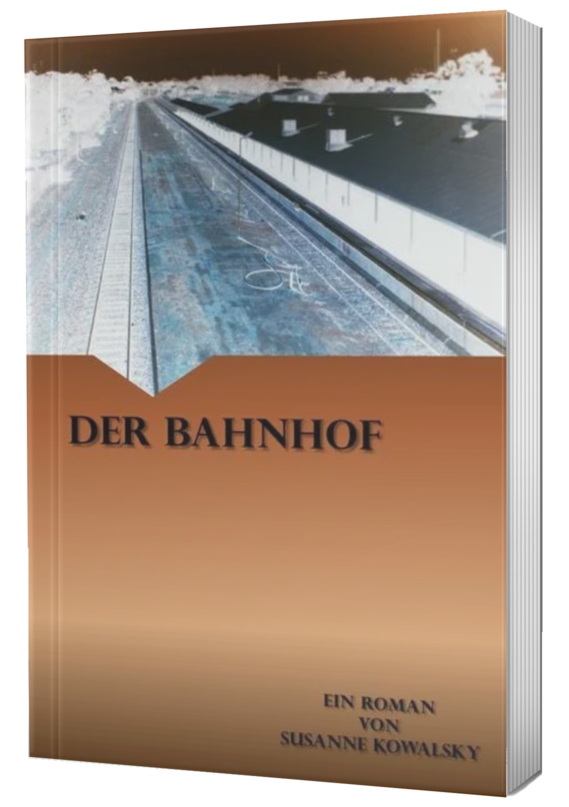In der oberen Hälte eine Negativaufnahme von einem Bahnsteig, in der unteren ein brauner Hintergrund.
