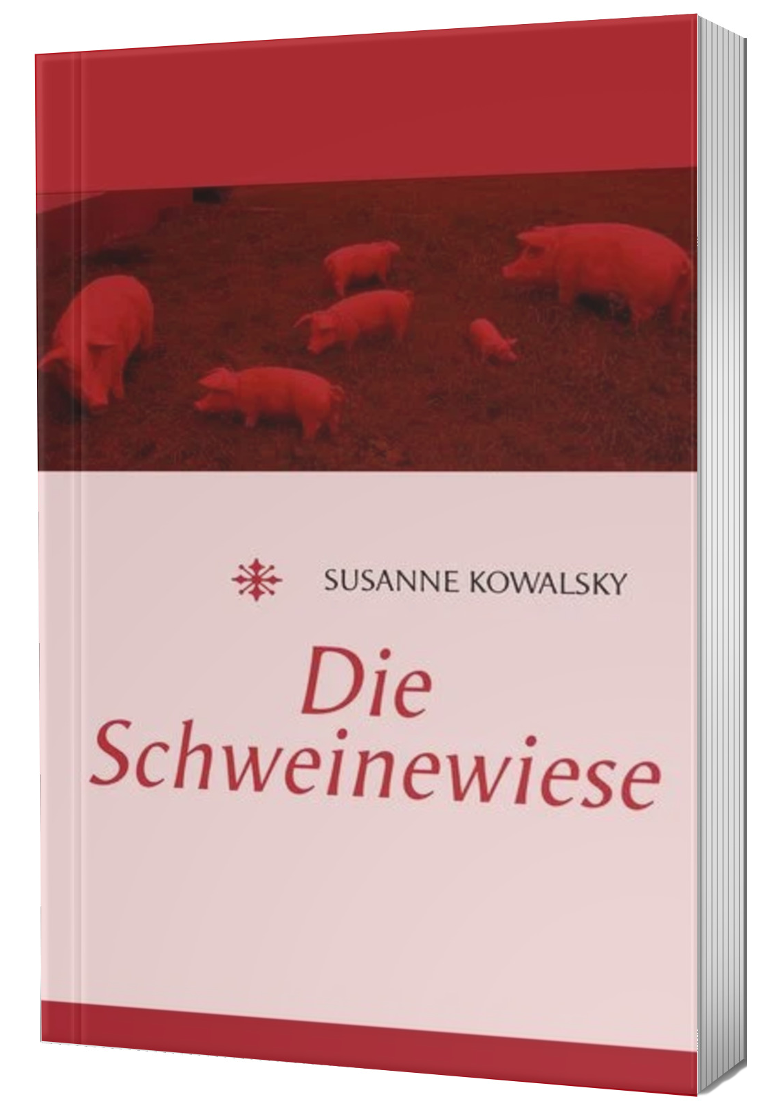 Rosarot. Im oberen Titel sind Schweine zu sehen auf dunkelrotem Hintergrund, der untere Teil ist rosa.