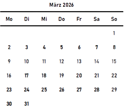 Kalenderblatt März 2026 mit Wochentagen