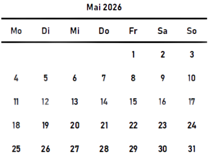 Kalenderblatt Mai 2026 mit Wochentagen