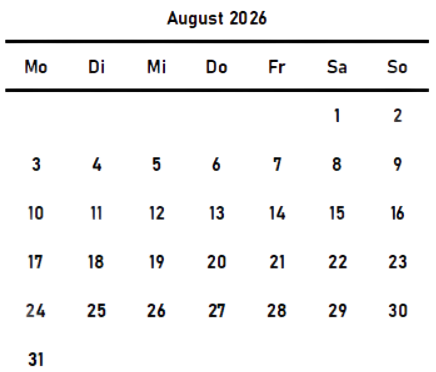 Aktuelles Kalenderblatt mit Wochentagen Kalenderblatt August 2026 mit Wochentagen