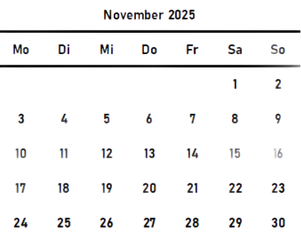 Kalenderblatt November mit Wochentagen