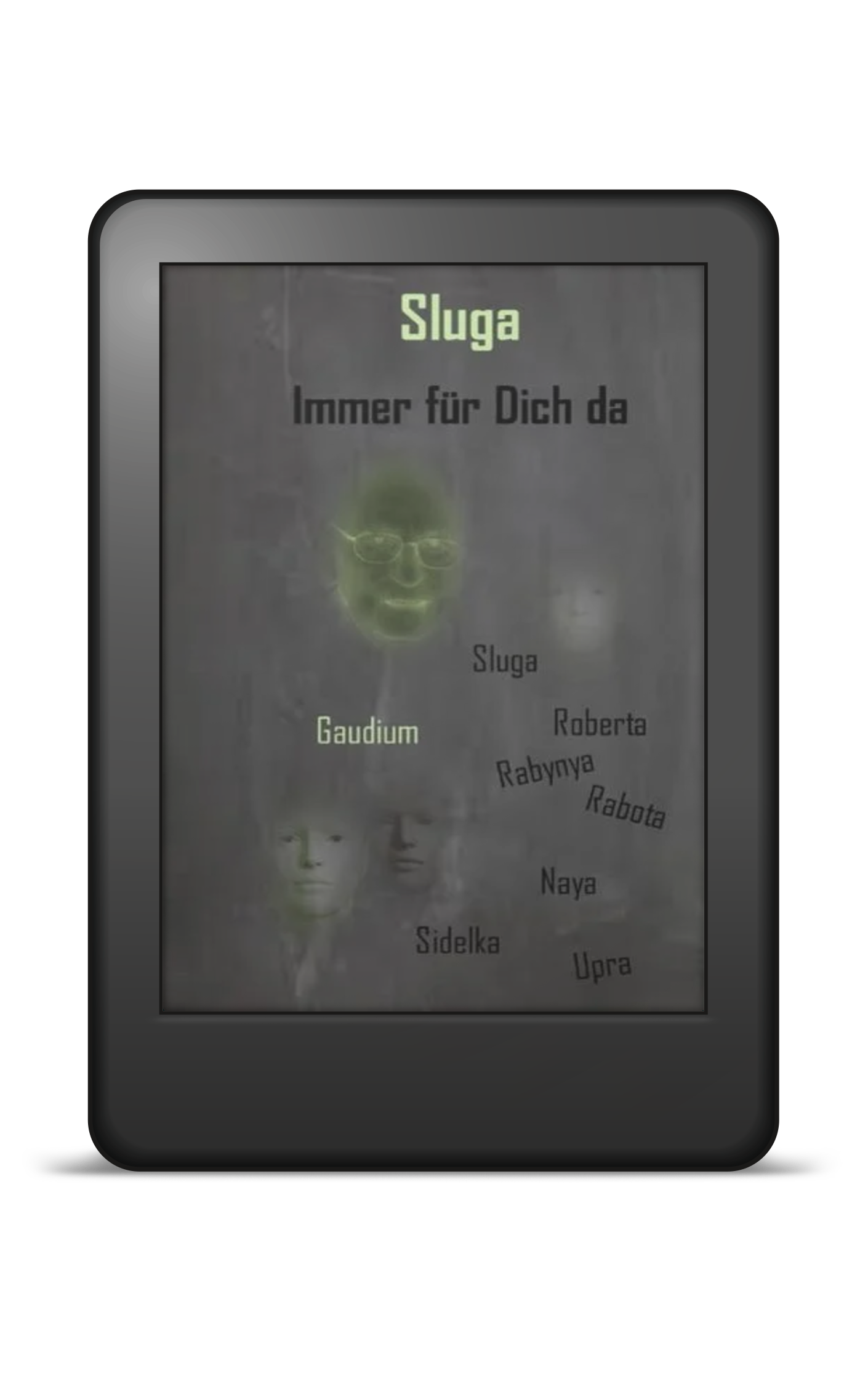 Titel und Namen auf dunkelgrauem Untergrund. Schemenhafte Köpfe, einer davon grün.
