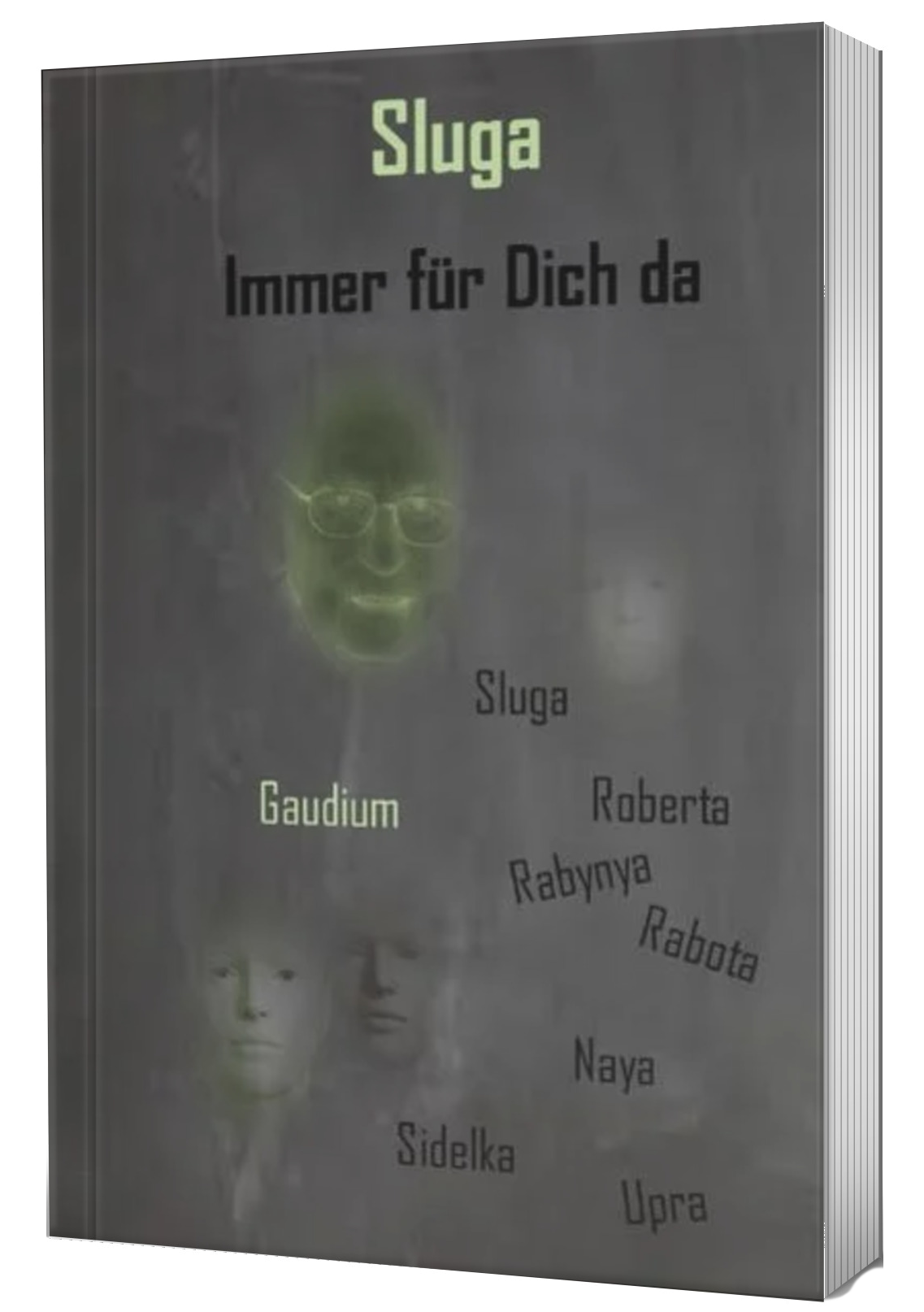 Titel und Namen auf dunkelgrauem Untergrund. Schemenhafte Köpfe, einer davon grün.