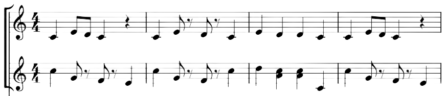 Noten im Violinschlüssel im 4/4-Takt.