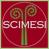 rotes Logo Schriftzug Scimesi mit zwei grünen Farnsprossen