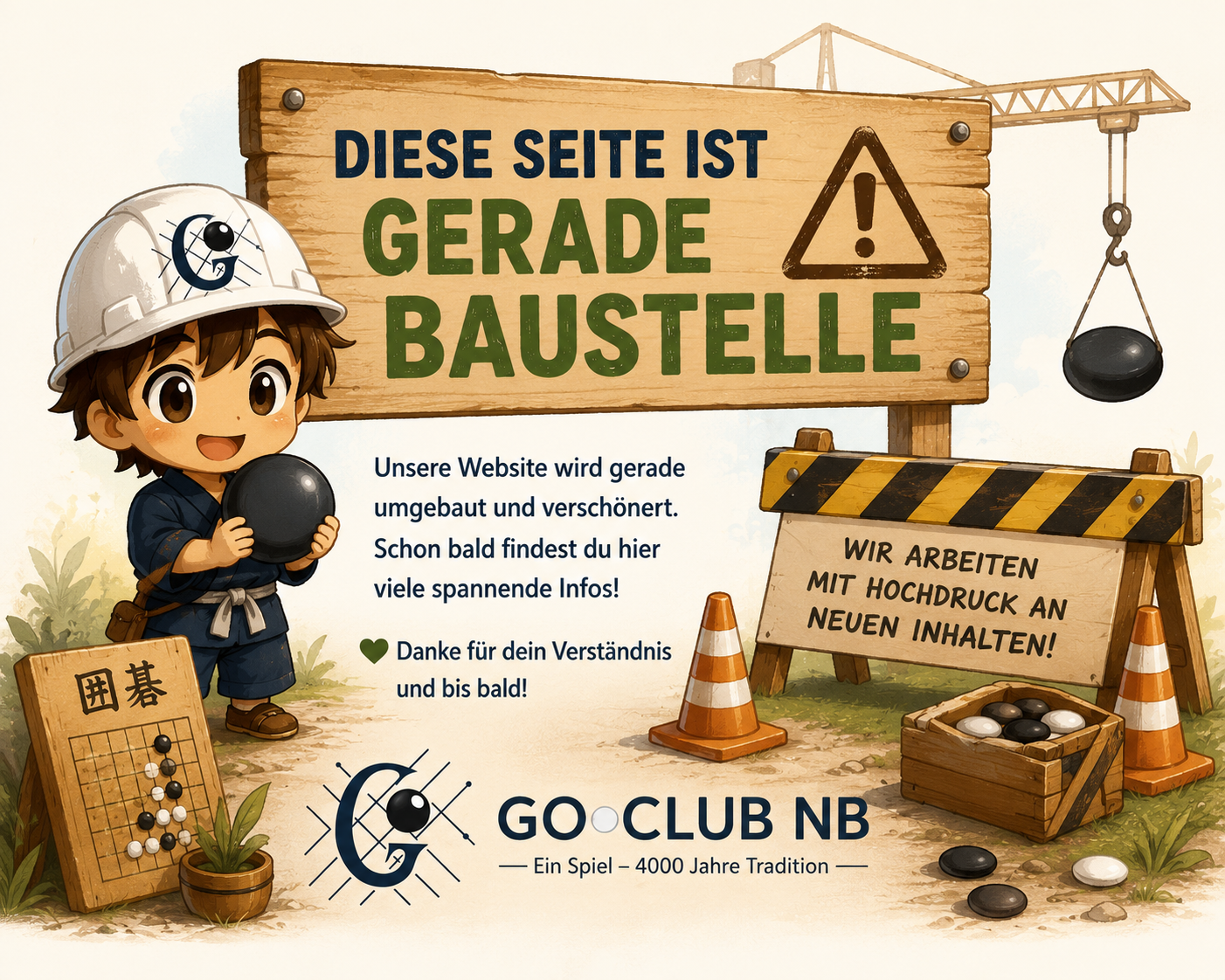 Cartoon construction site sign reading “Diese Seite ist gerade Baustelle” with a worker and tools