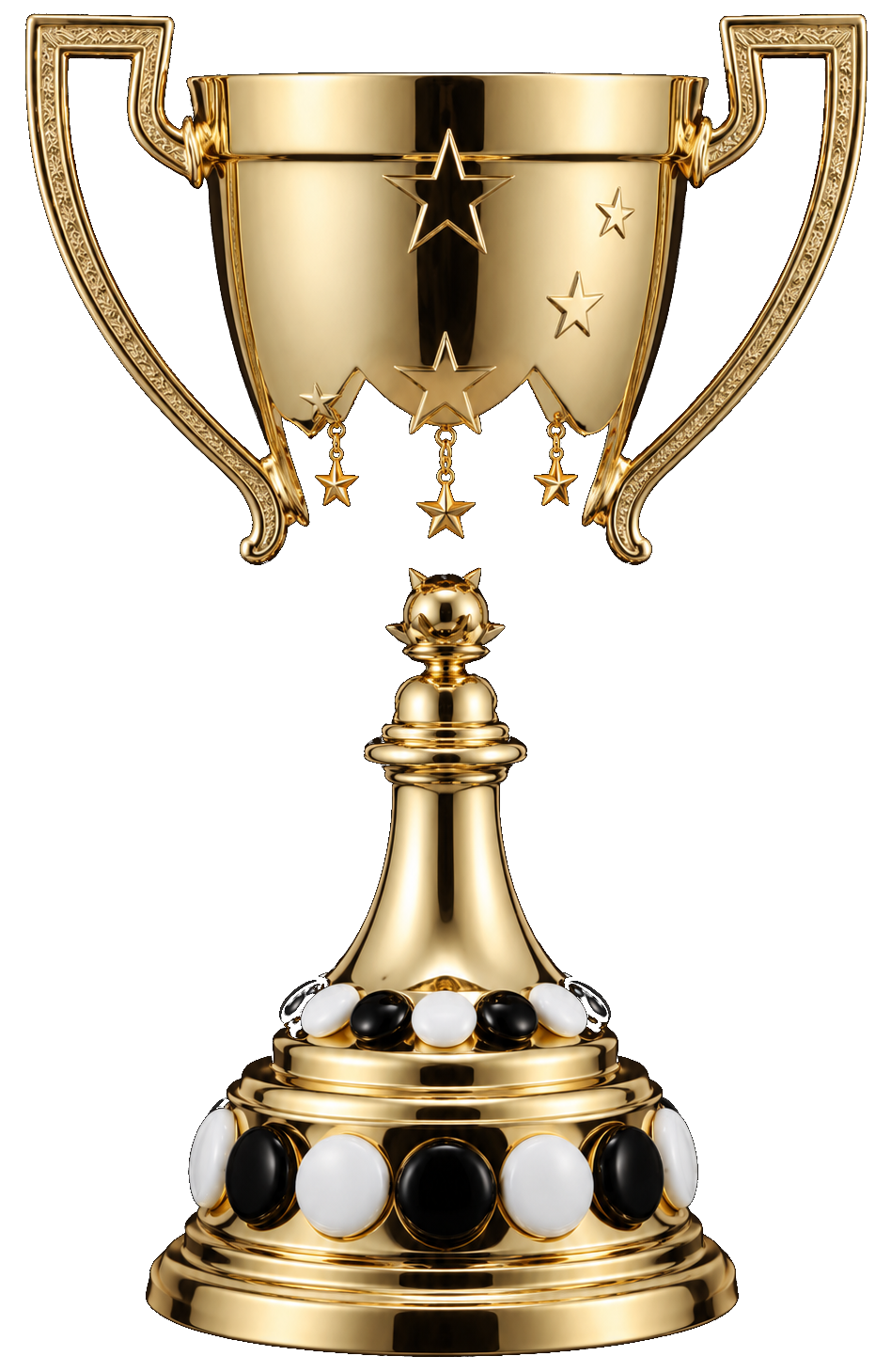 Goldener Pokal auf einem schwarz-goldenen Sockel, verziert mit Sternen und kunstvollen Henkeln.