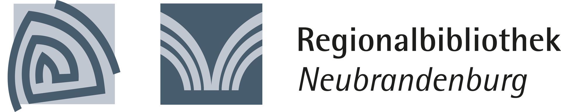 Logo der Regionalbibliothek Neubrandenburg mit stilisierten graublauen Buchsymbolen und Text
