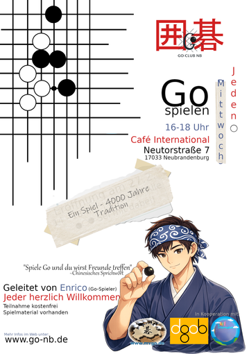 Plakat mit rotem Schriftzeichen, schwarzen Gitterlinien, dem Schriftzug „Go“ und einer illustrierten Person mit Gostein.